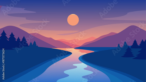 Serene sunset over mountain lake