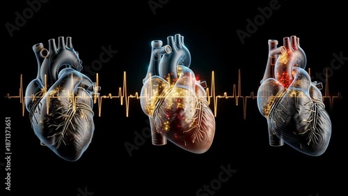 Three hearts are shown in different stages of development. The first heart is in the early stages of development, the second is in the middle, and the third is in the later stages