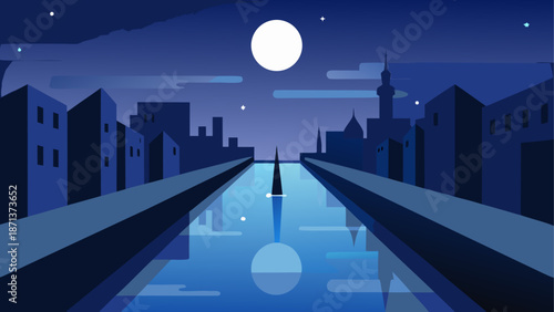 Cityscape at night with reflective river