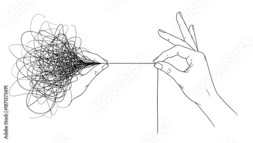 A precise hand meticulously extracts a single, straight thread from a dense, chaotic tangle, illustrating the process of untangling problems and achieving clarity