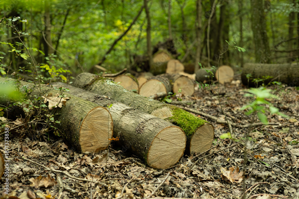 Obraz premium Deforestation and Illegal Logging in Mixed Forest. Felled Trees, Stumps, Timber Piles and Environmental Damage