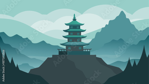 Traditional pagoda in mountainous landscape