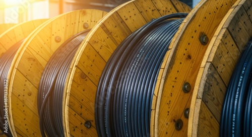 Close-up view of coiled black power cable on wooden reels. Cable prepared for underground laying. Equipment for energy supply. New large quantity of wire