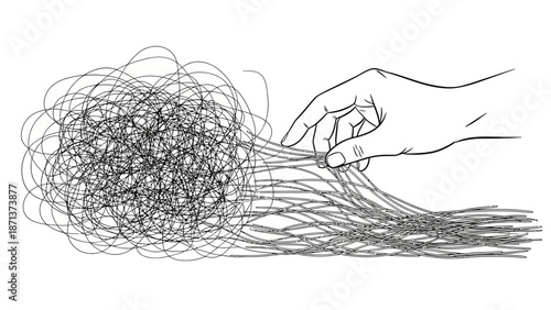 Abstract thinking and mental process visualization represented by a hand entangled in lines