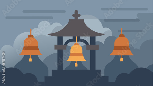 Japanese temple bells in mountainous landscape