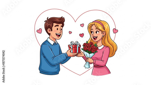 Cartoon couple exchanging gifts and flowers with a heart background for valentine's day