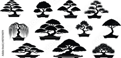 Collection of eleven black bonsai tree silhouettes with unique shapes and pot styles for nature, zen, garden, and vector design