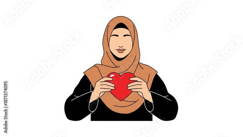 Woman wearing a hijab holding a red heart symbolizing love and affection in a digital illustration