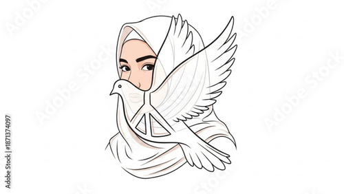 Woman wearing a white hijab with a peace sign and dove emerging from her face in a stylized illustration