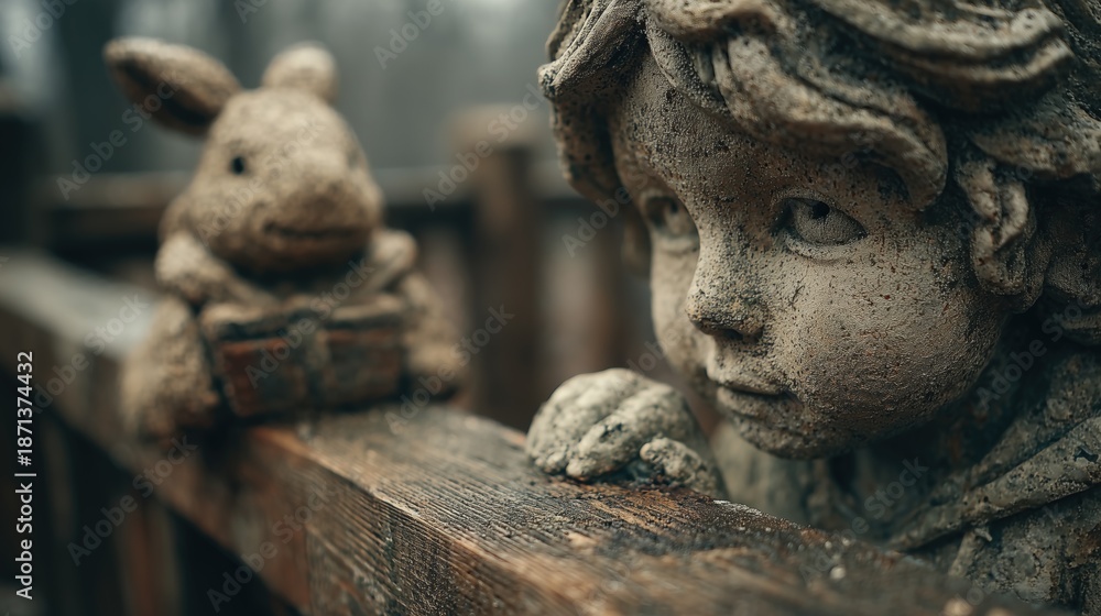Obraz premium Weathered stone child statue, hand on rustic wooden railing, contemplative gaze. Blurred stuffed animal (bunny) in background. Evokes timeless innocence, quiet reflection, melancholic beauty. Muted to