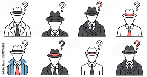 Mystery man silhouettes set featuring detectives and secret agents in black and white vector style for crime themes, investigation illustrations, noir design, posters, and graphic projects.