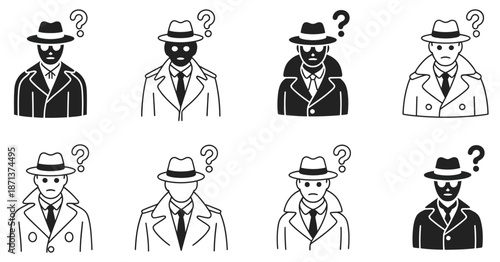Mystery man silhouettes set featuring detectives and secret agents in black and white vector style for crime themes, investigation illustrations, noir design, posters, and graphic projects.