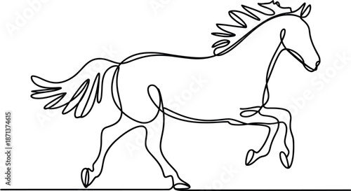 Black and white continuous line of a horse running