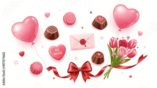 Romantic illustration of hearts, chocolates, and flowers arranged around a valentine letter