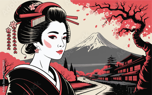 Japanese woman in traditional kimono with Mount Fuji in background  serene landscape