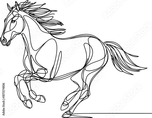 Black and white line of a running horse with flowing mane and tail 1