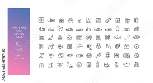 Auto Skills and Traffic Rules Line Icons