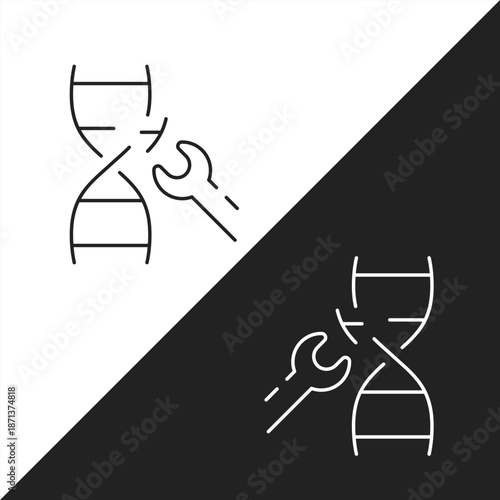 DNA Double Helix with Wrench Icon Representing Genetic Engineering, Genome Editing Technology, CRISPR Bio-Medical Research, and DNA Repair Innovation