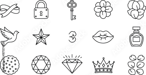 Set of 15 black and white outline icons including symbols like a crown, dove, and diamond