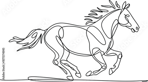 Black and white line of a running horse with flowing mane and tail 2