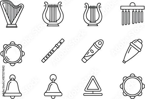 A collection of various musical instruments depicted in black and white line art icons for design