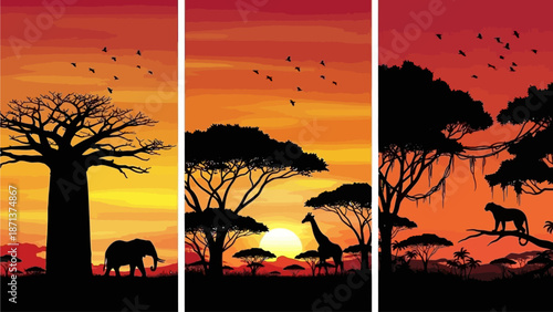 Serene African Savannah Sunset with Silhouetted Trees, Animals, and Birds in Vibrant Orange and Red Hues