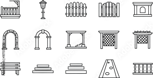 Outline icons set of garden furniture, park structures, and outdoor living space elements