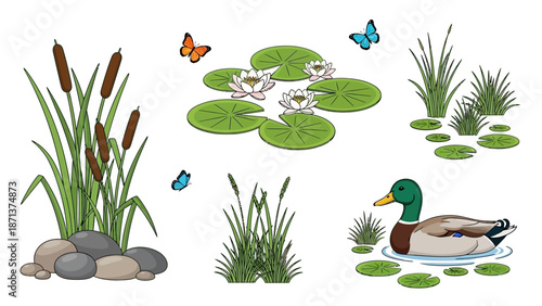 Serene pond scene with duck, plants, and butterflies in a natural setting