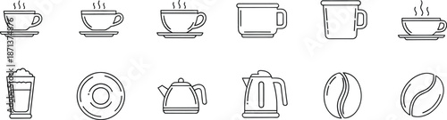 A set of black and white line icons representing coffee and tea items