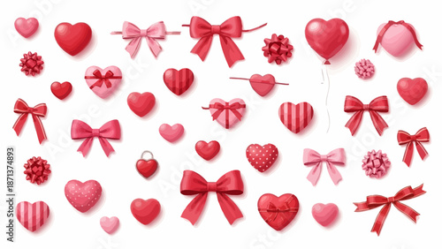 Collection of red hearts and bows on a white background illustration
