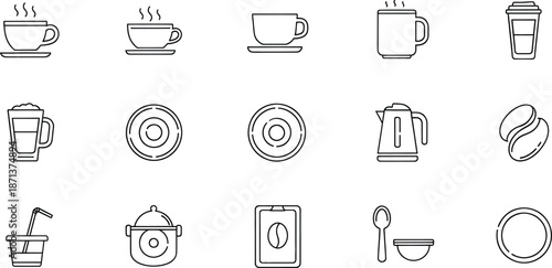 A set of simple black and white line icons for coffee and beverage concepts