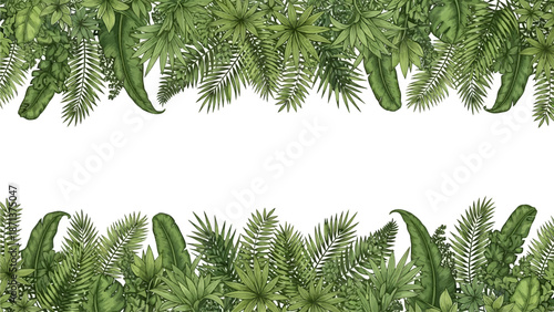 Tropical leaves frame a serene white background in an elegant border design viewed from directly above