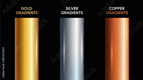 Three metallic cylinders with gold, silver, and copper gradients displayed against a black background