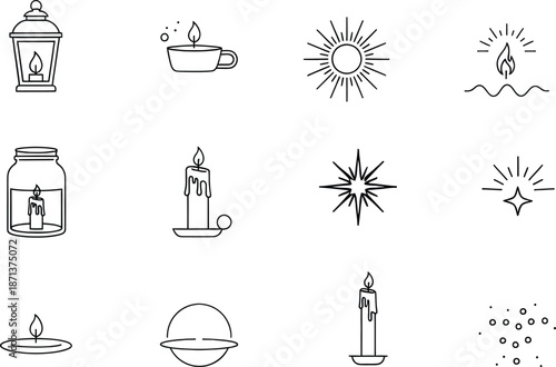 A collection of black and white line icons representing various sources of light