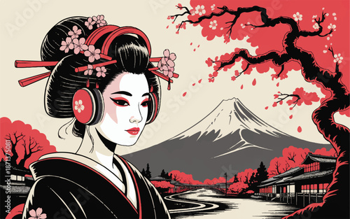 Japanese woman with headphones in traditional kimono and cherry blossoms near Mount Fuji
