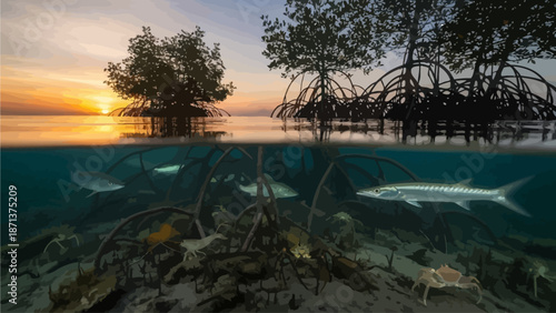 Underwater scene with sharks and mangroves at sunset