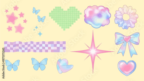Pastel colored graphic elements including hearts, stars, butterflies, and flowers arranged on a soft yellow background