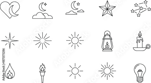 Minimalist line art icons representing sun, moon, stars, and various light sources