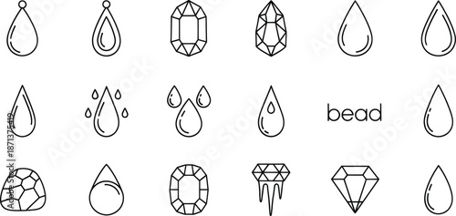 A collection of linear icons representing various beads, gemstones, and water drops