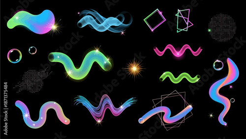 Vibrant Neon Lights Illuminating Abstract Shapes and Swirling Patterns in a Dark Environment