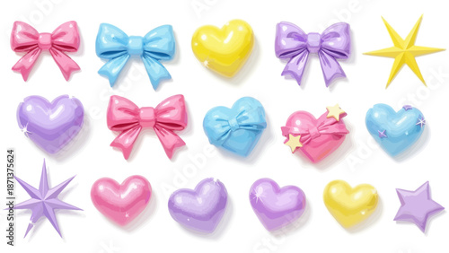 A collection of colorful bows, hearts, and stars arranged in a grid pattern on a white background