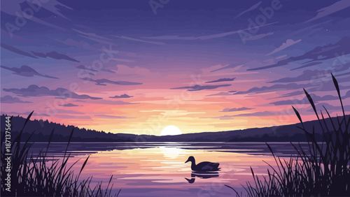 Serene lake scene at sunset with a duck swimming in the calm waters surrounded by lush vegetation