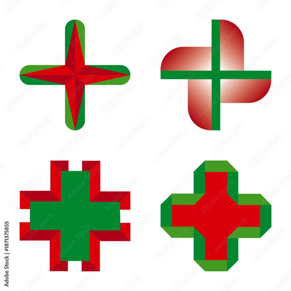 Obraz premium Composition of four geometric crosses in red and green, with variations in volume, curves and gradients, creating a modern and abstract set of positive symbols.