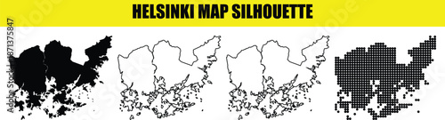 Helsinki map silhouette set including solid black white outline and halftone dot patterns for finnish capital graphics