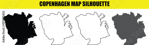 Copenhagen map silhouette denmark capital city boundary graphic set four stylistic variations perfect for presentations and infographics