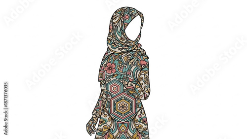 Colorful floral patterned hijab woman standing alone in white background for fashion and cultural designs
