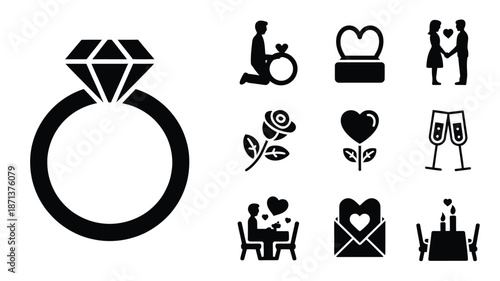 Valentine Proposal Black Silhouette Icon Set