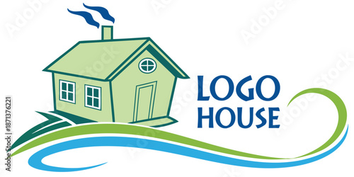 Green Eco Friendly House with Blue River and Wind Turbine eco house green house sustainable living renewable energy