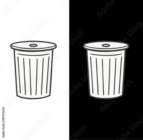 Two minimal illustrations of cylindrical trash cans with vertical lines displayed on contrasting light and dark backgrounds.