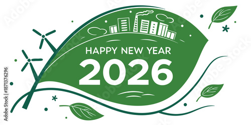 Green Eco New Year 2026 Card with Wind Turbines City Skyline and Leaves